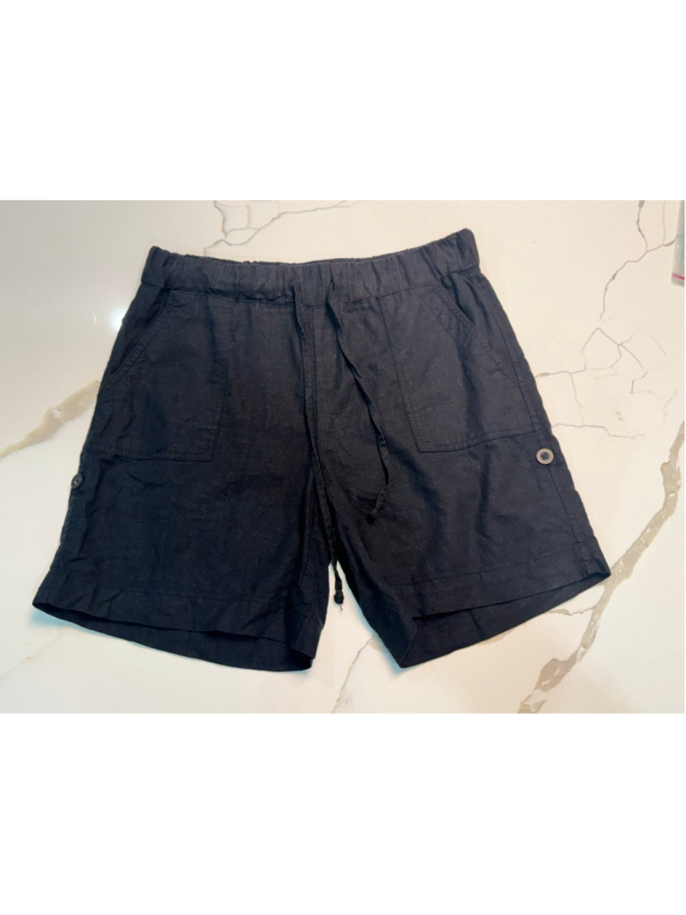 Joe Fresh Black Linen Blend Roll Tab Hem Elastic Waist Drawstring Shorts S